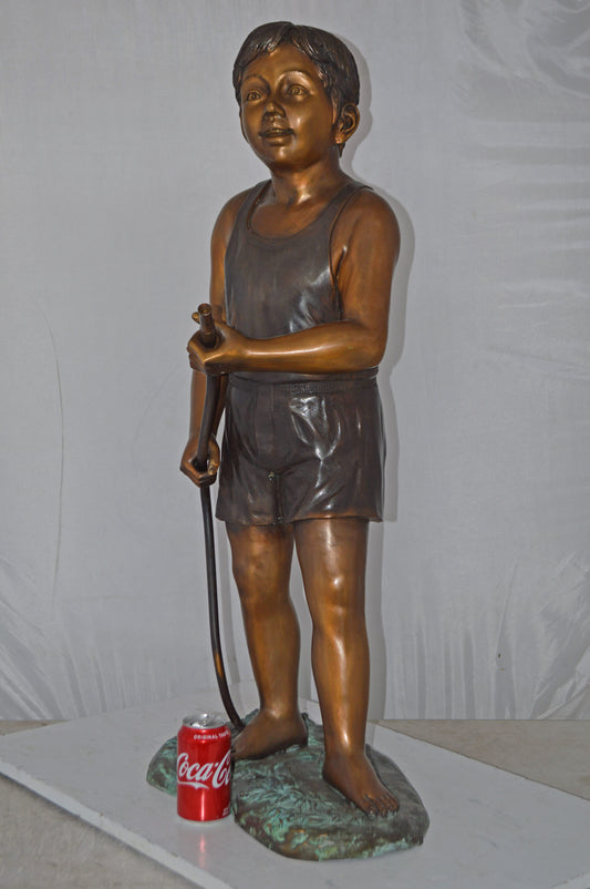 A Boy Holding A Garden Hose Bronze Statue Fountain - Size: 13"L x 20"W x 39"H.