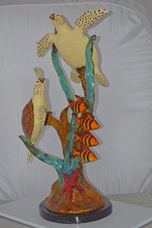 Two Turtles Swimming with Clown Fish Bronze Statue - Size: 18"L x 31"W x 42"H.