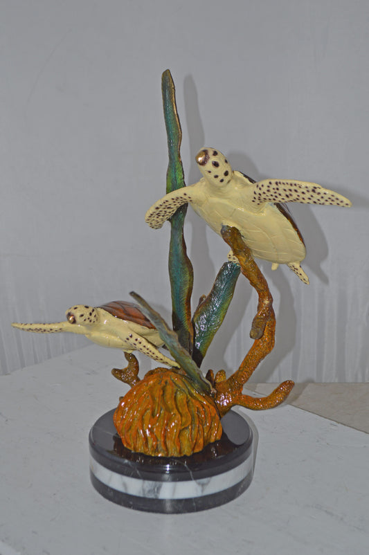 Two Brown Sea Turtles Swimming Bronze Statue - Size: 12"L x 16"W x 19"H.
