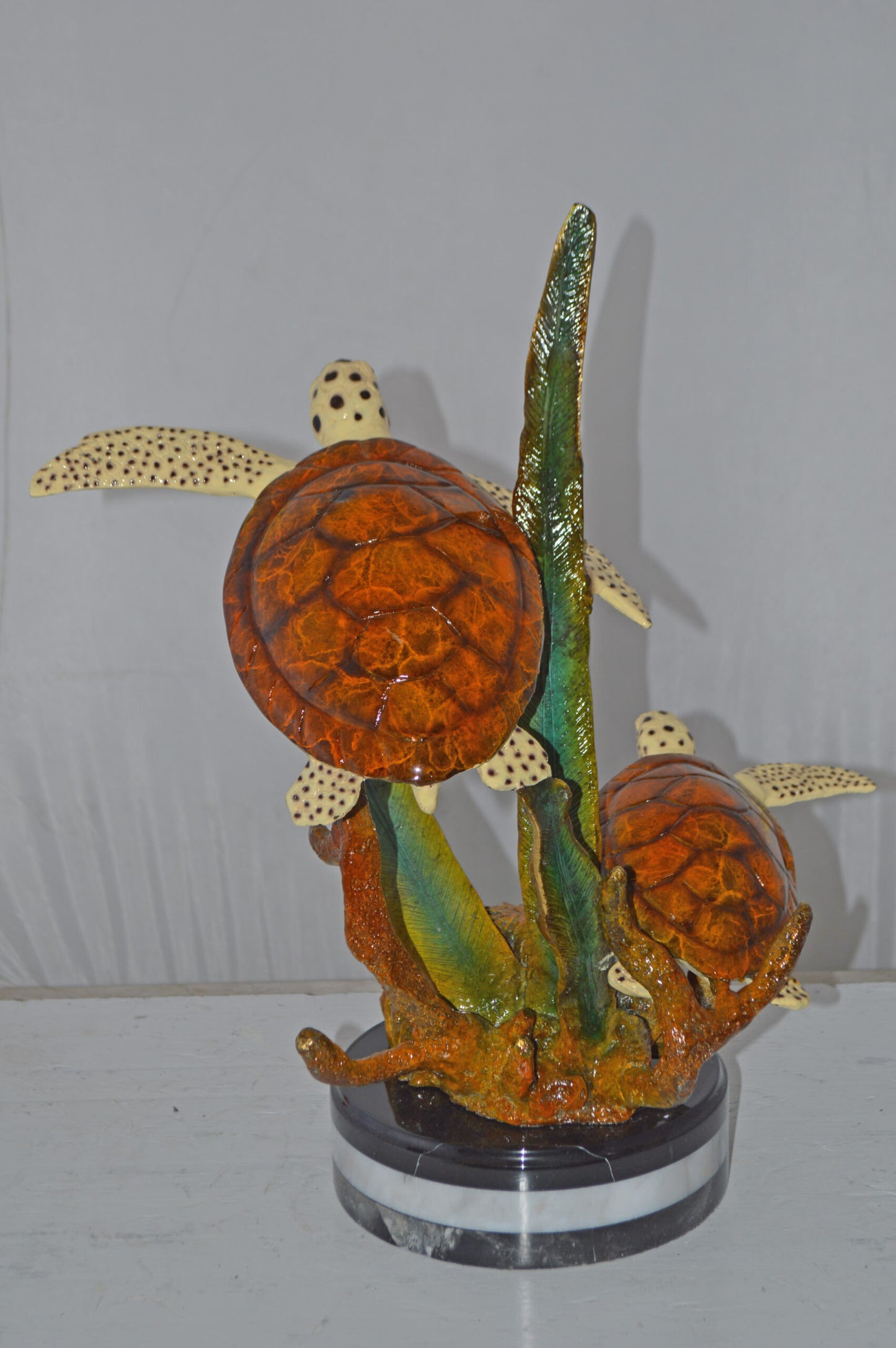 Two Brown Sea Turtles Swimming Bronze Statue - Size: 12"L x 16"W x 19"H.