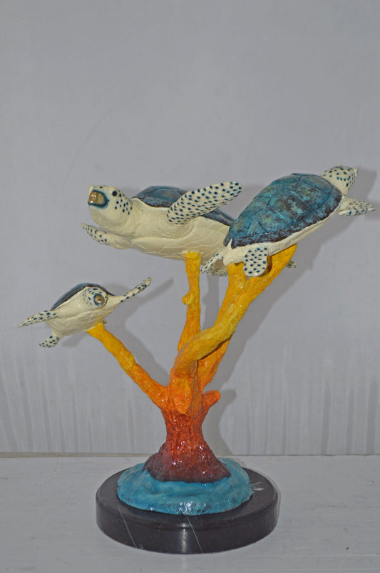 Three Turtles swimming around Corals Bronze Statue - Size: 17"L x 15"W x 19"H.
