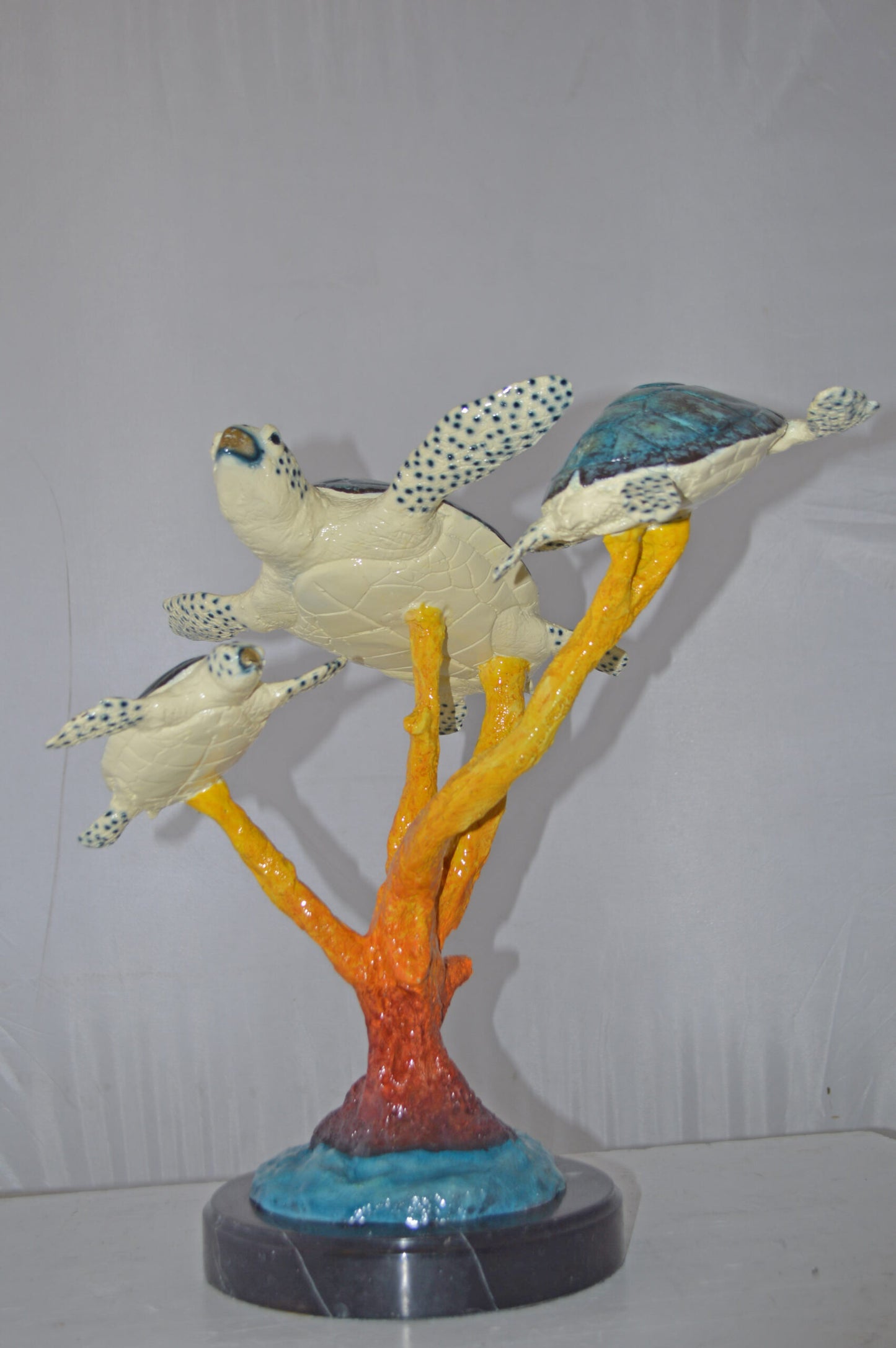 Three Turtles swimming around Corals Bronze Statue - Size: 17"L x 15"W x 19"H.