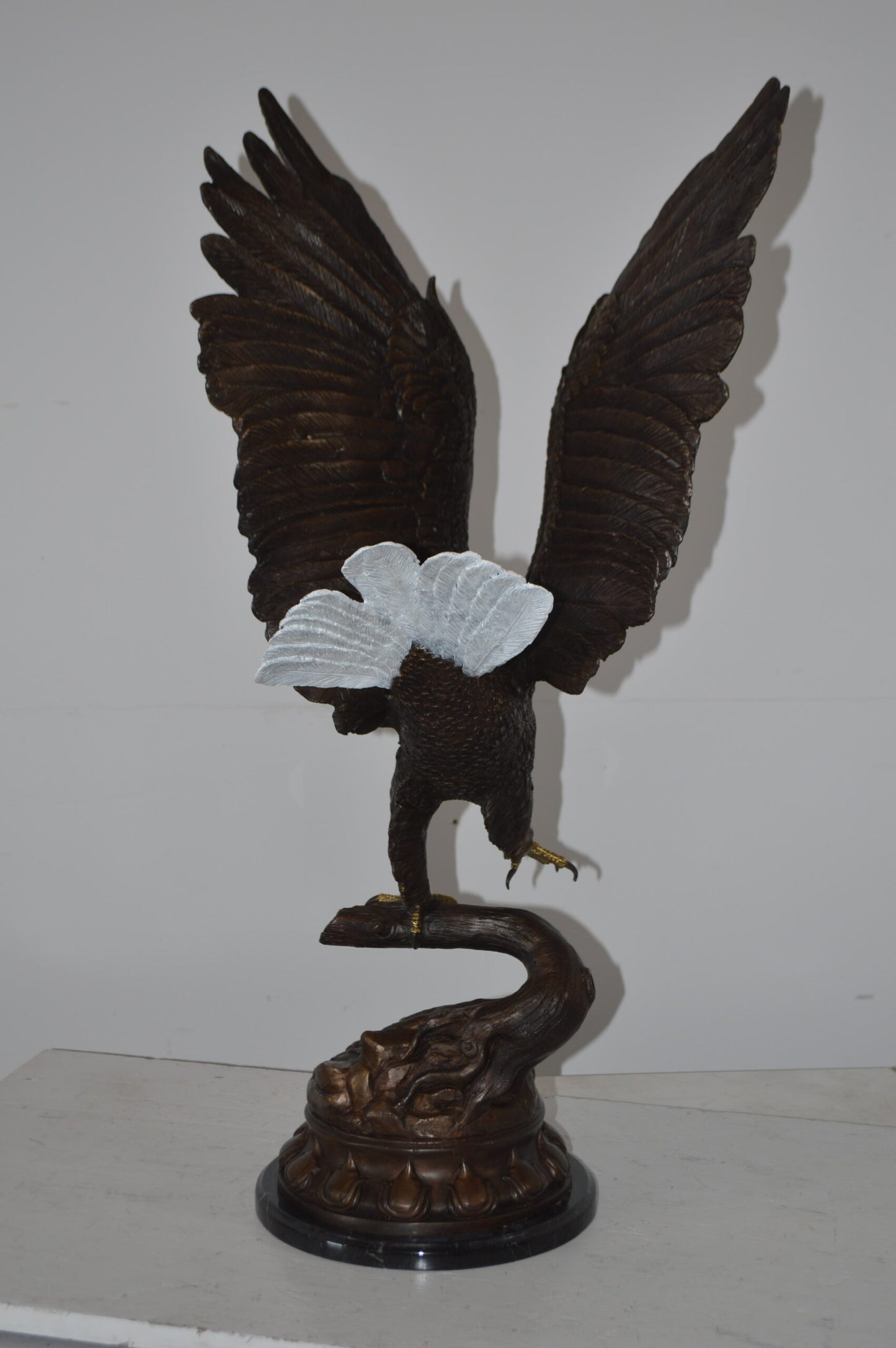Eagle Coming to a Landing on a Branch Bronze Statue - Size: 15"L x 15"W x 31"H