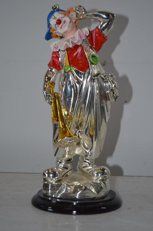 Clown plays Trumpet Resin Statue Silver finish - Size: 6"L x 6"W x 17"H.