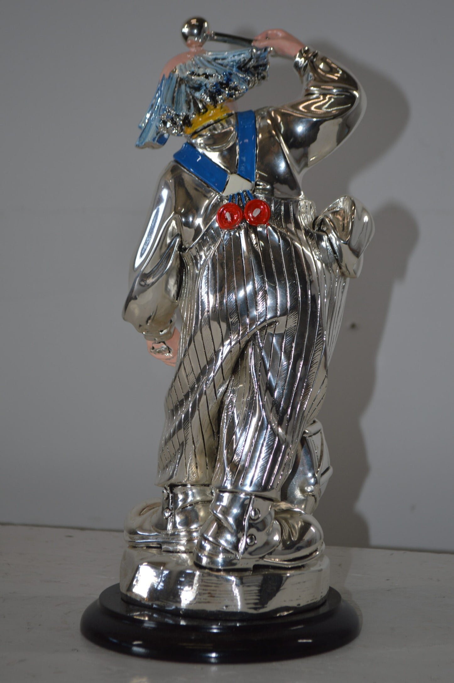 Clown Plays the Drams Resin Statue Silver finish - Size: 6"L x 6"W x 16"H.