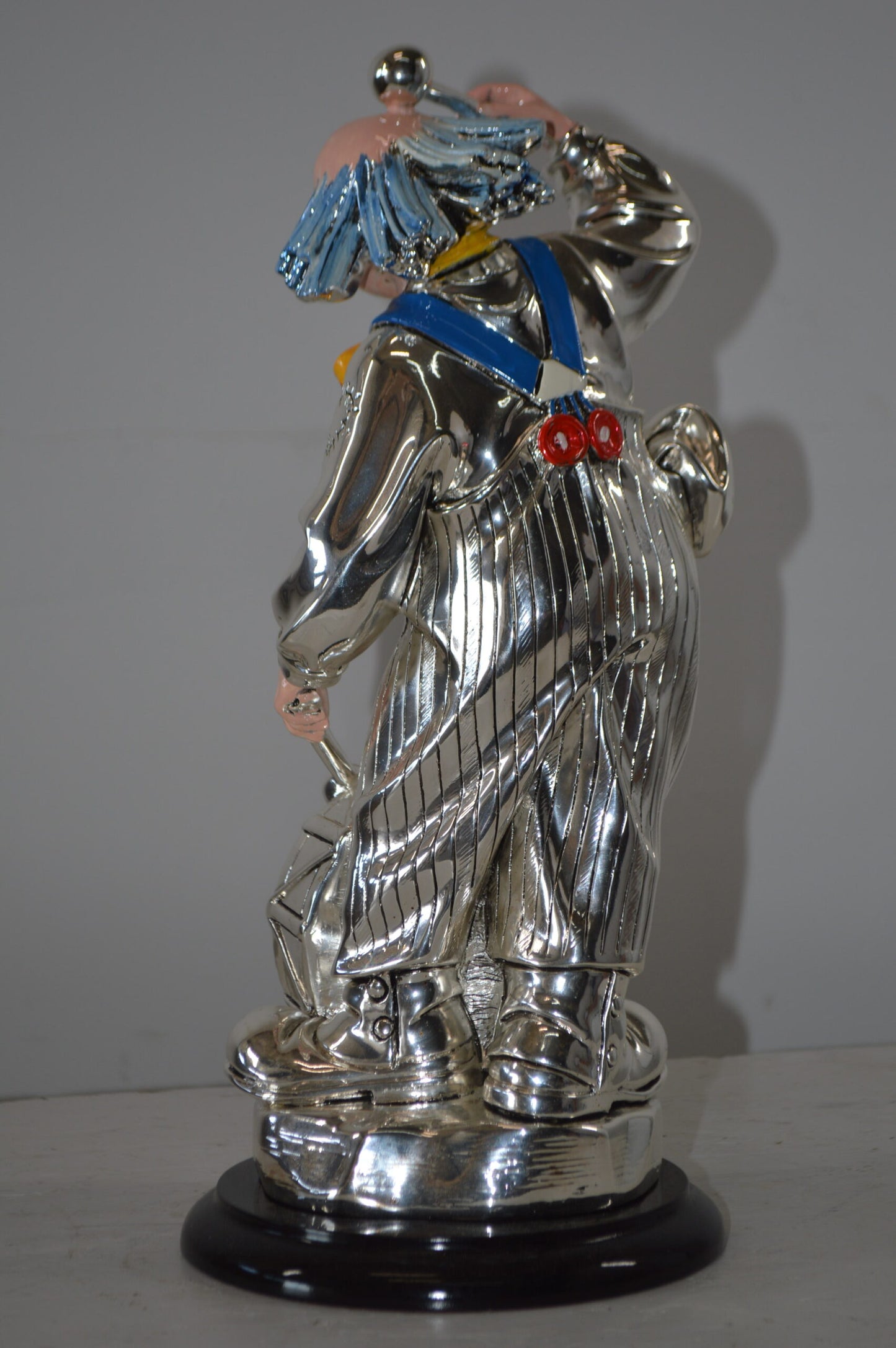 Clown Plays the Drams Resin Statue Silver finish - Size: 6"L x 6"W x 16"H.