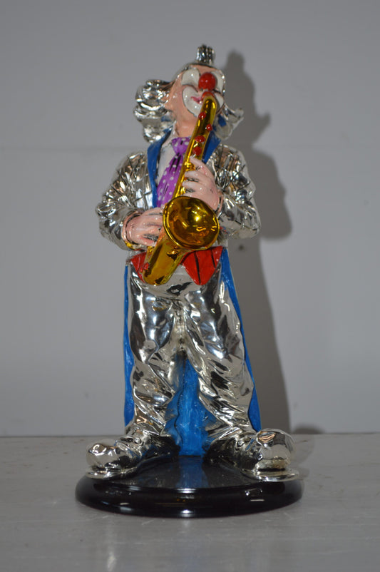Clown Plays the Saxophone Resin Statue Silver finish - Size: 6"L x 6"W x 14"H.