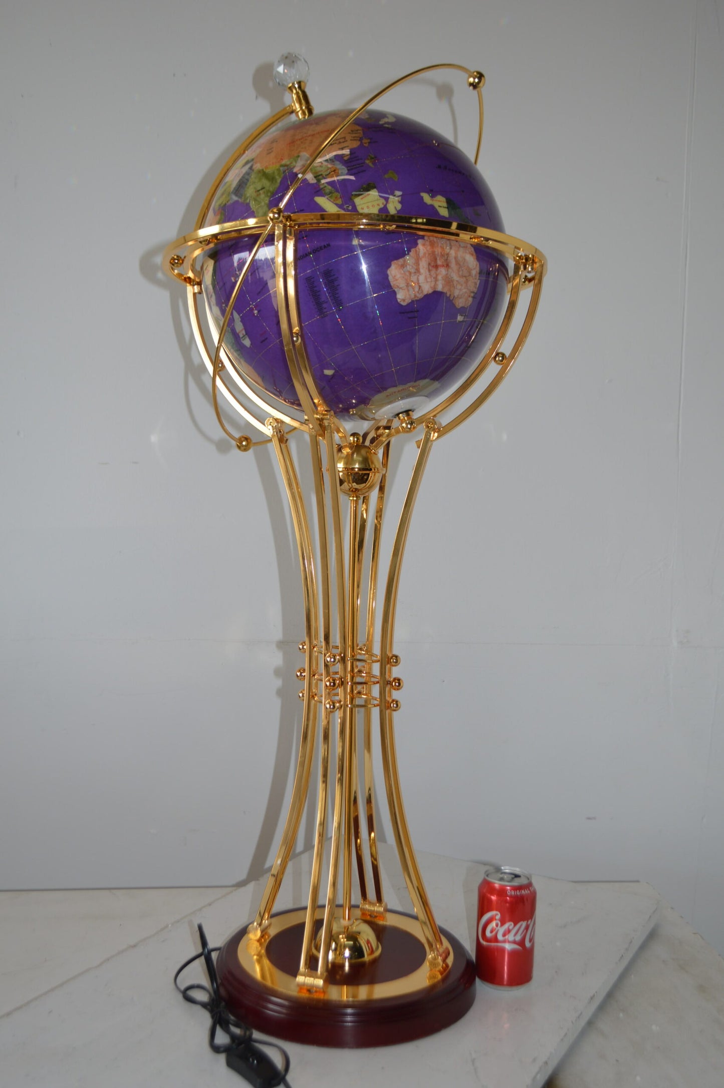 Illuminated Purple - Gold World Globe Rotated by motor - Size: 19" x 19" x 42"H