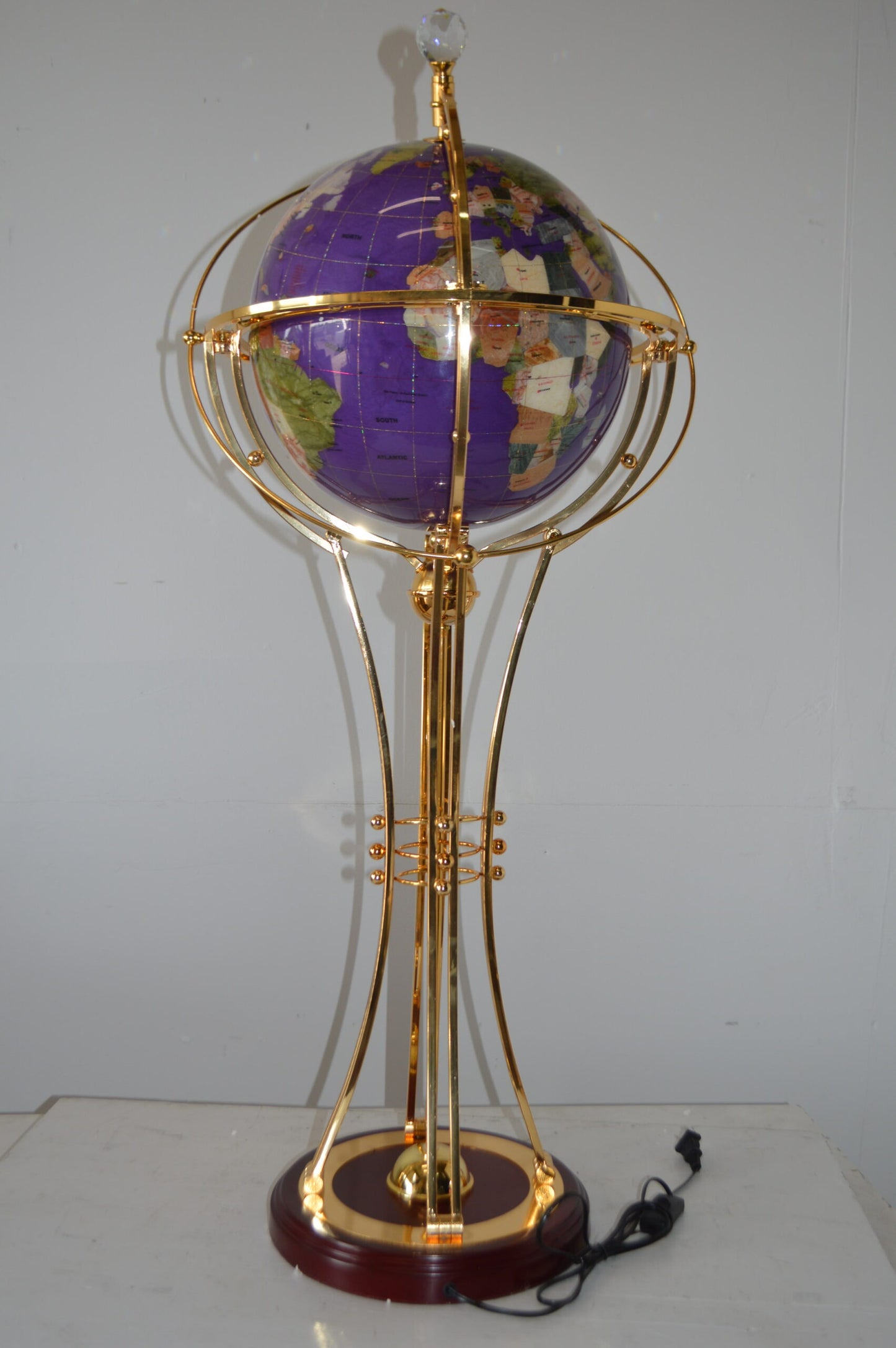 Illuminated Purple - Gold World Globe Rotated by motor - Size: 19" x 19" x 42"H