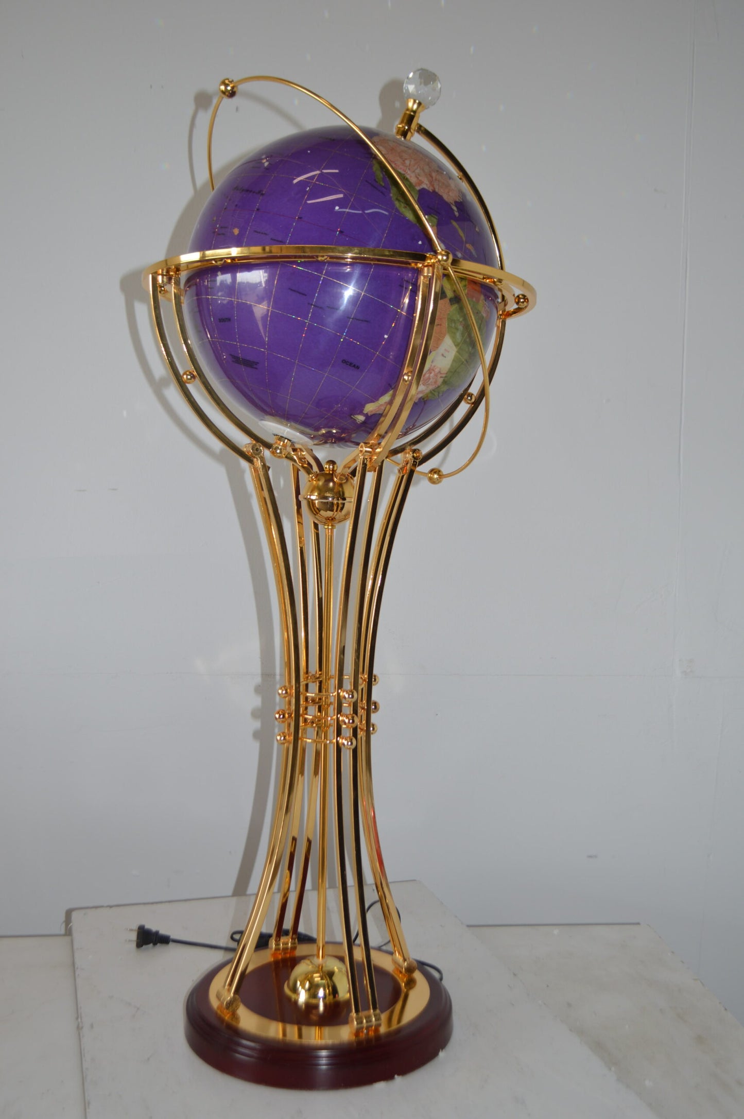 Illuminated Purple - Gold World Globe Rotated by motor - Size: 19" x 19" x 42"H