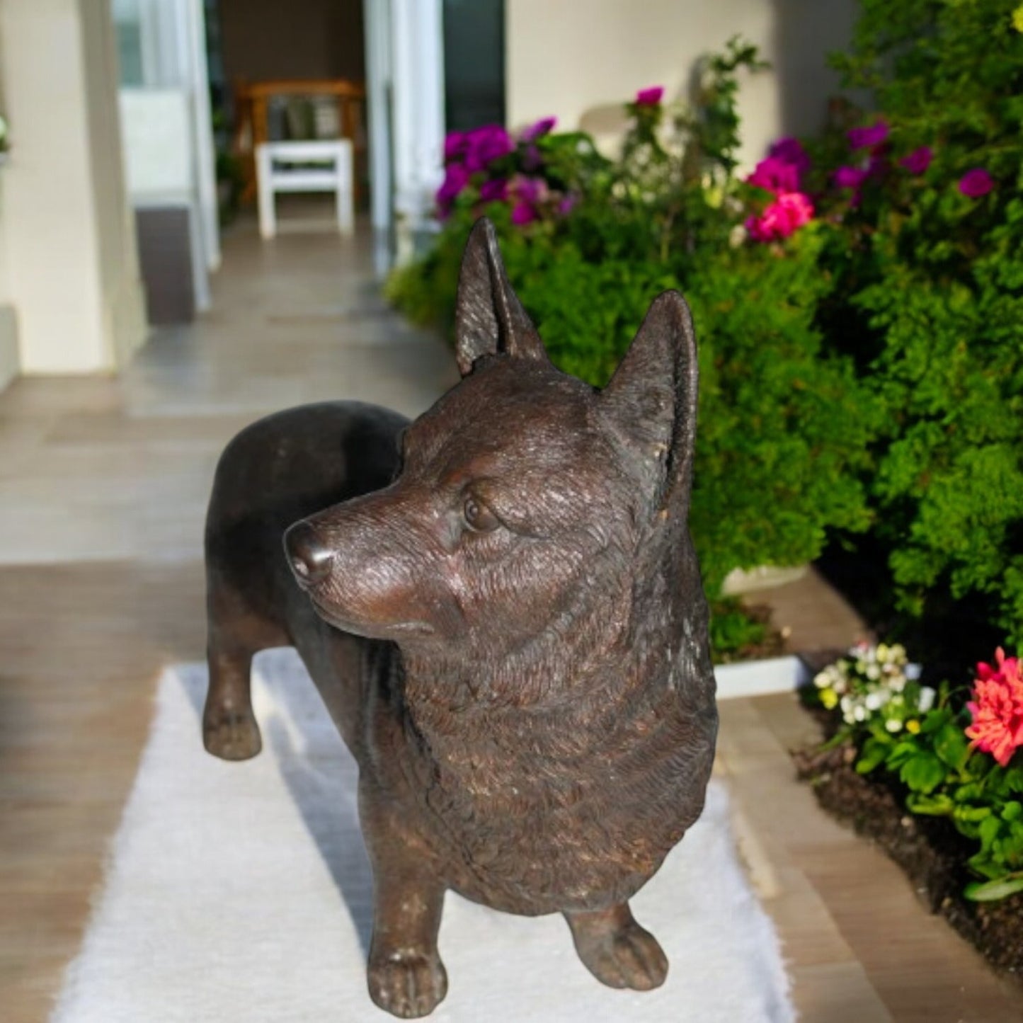 Corgi dog standing Bronze Statue - Size: 20"L x 8"W x 15"H.