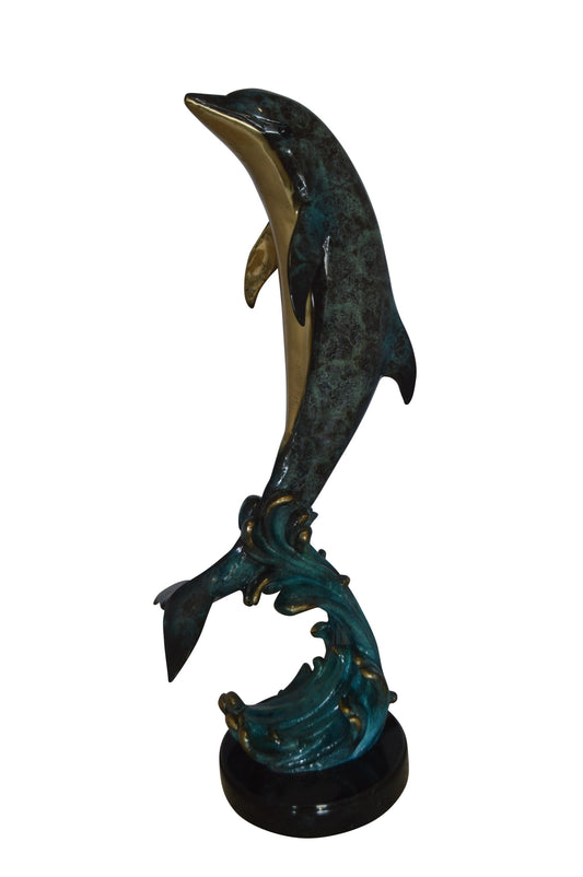 Dolphin Fountain  On A Marble Base Bronze Statue -  Size: 12"L x 8"W x 30"H.