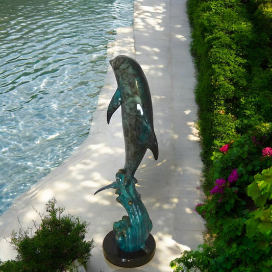 Dolphin Fountain  On A Marble Base Bronze Statue -  Size: 12"L x 8"W x 30"H.