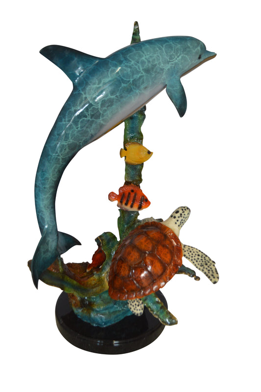 Dolphin , Turtle And Fish Bronze Statue -  Size: 18"L x 16"W x 25"H.