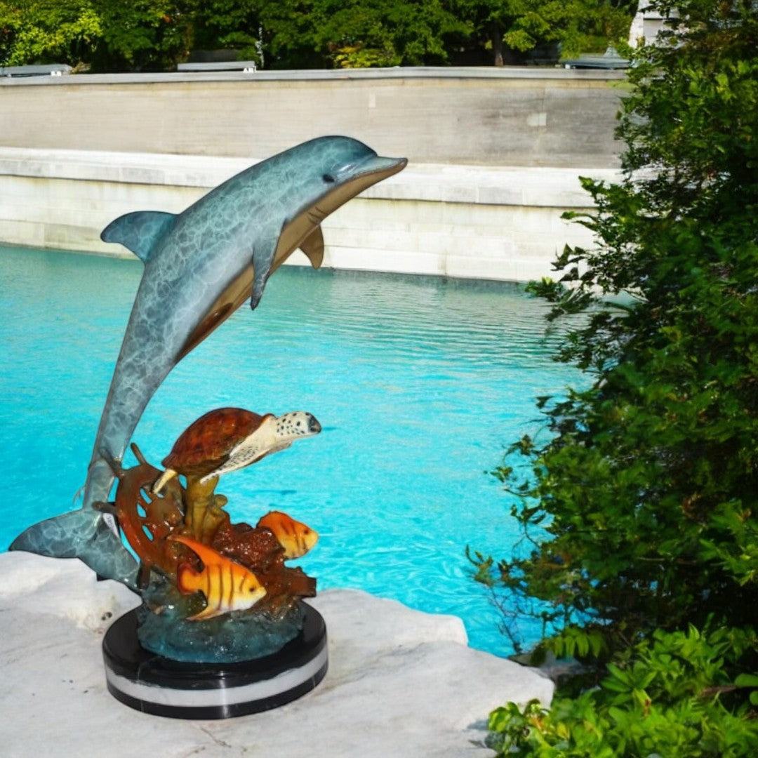 Dolphin turtle and 2 fish Bronze Statue -  Size: 18"L x 16"W x 25"H.