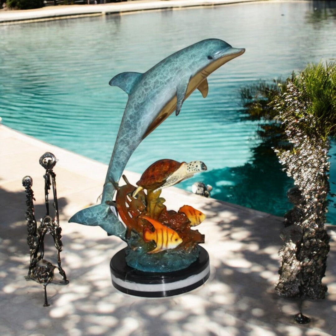Dolphin turtle and 2 fish Bronze Statue -  Size: 18"L x 16"W x 25"H.