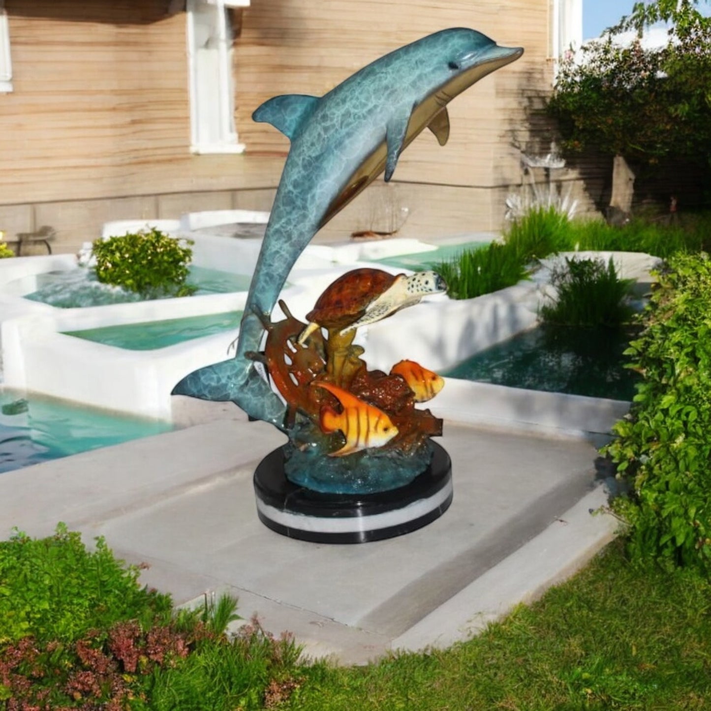 Dolphin turtle and 2 fish Bronze Statue -  Size: 18"L x 16"W x 25"H.