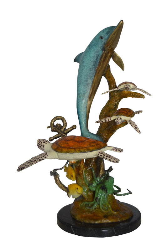 Dolphin medium with Turtles Fountain Bronze Statue -  Size: 24"L x 34"W x 36"H.