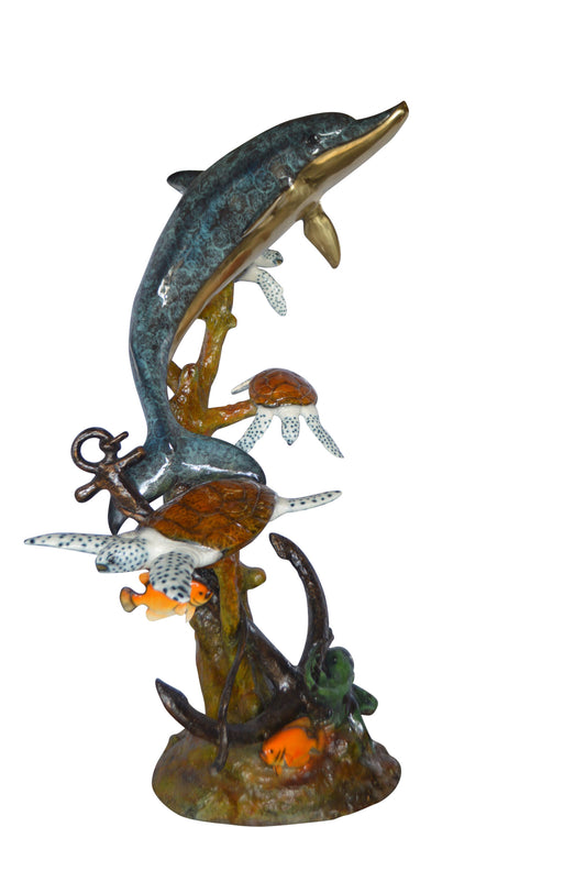 Dolphin with Three Turtles Fountain Bronze Statue -  Size: 43"L x 47"W x 74"H.
