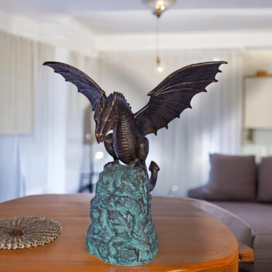 Dragon Standing on a Rock Bronze Statue Fountain - Size: 23"L x 18"W x 23"H.