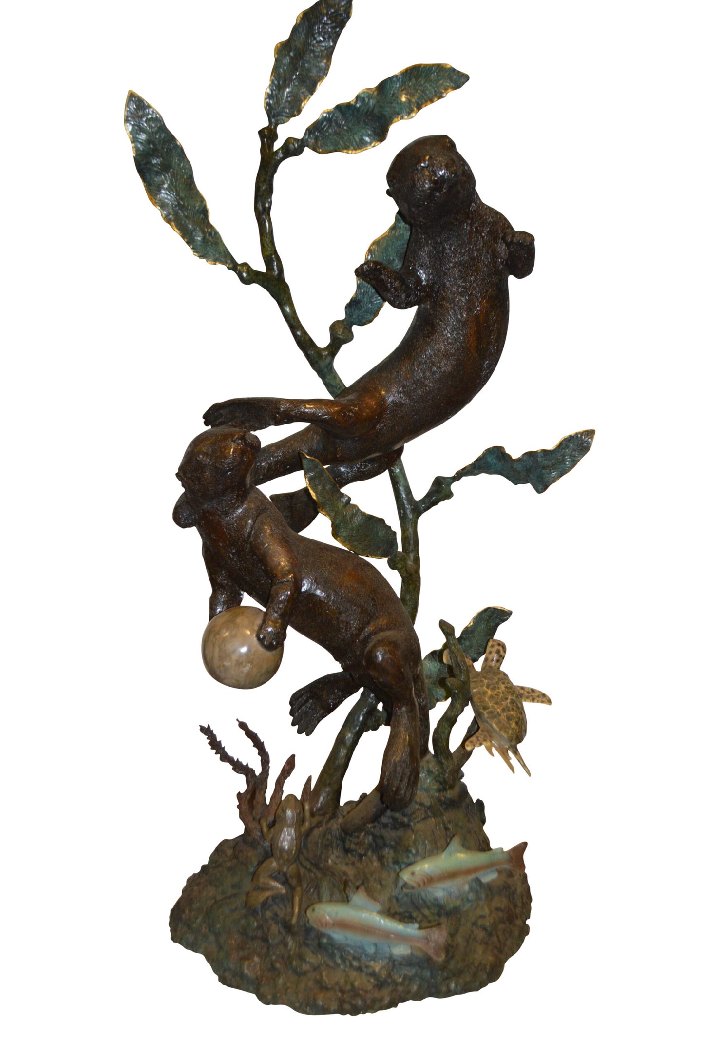 Duet of Otters Bronze Statue Fountain - Size: 24"L x 20"W x 64"H.