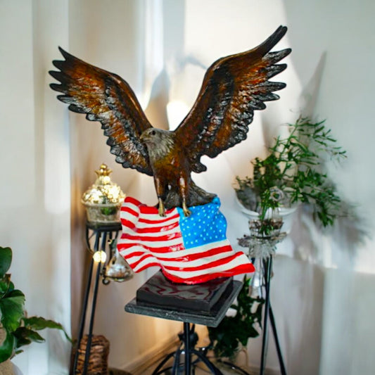 Eagle with American Flag Bronze Statue -  Size: 32"L x 14"W x 35"H.