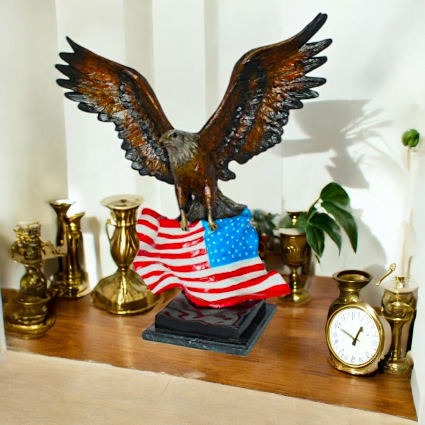 Eagle with American Flag Bronze Statue - Size: 32"L x 14"W x 35"H.