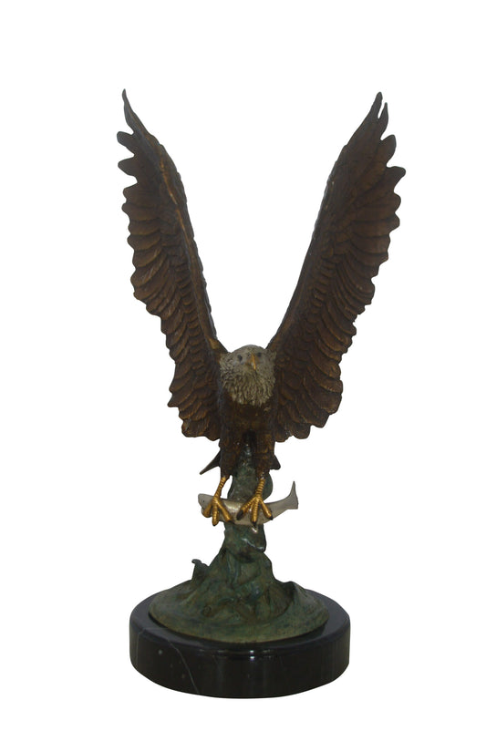 Eagle Catching His Prey from Water Bronze Statue -  Size: 14"L x 13"W x 26"H.
