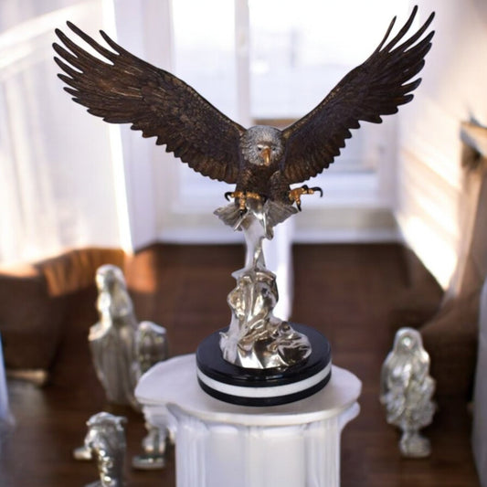 Eagle Coming to Landing Mounted on Marble Bronze Statue Size: 32" x 13" x 30"H