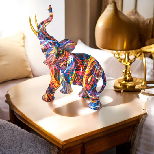 Elephant With His Trunk Up Colored Modern Resin Statue Size: 8" x 4" x 10"H