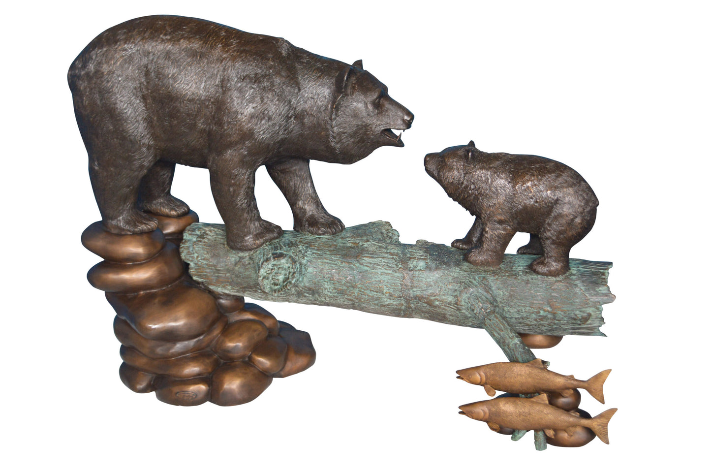 Family Bear on log giant bronze statue -  Size: 61"L x 34"W x 45"H.