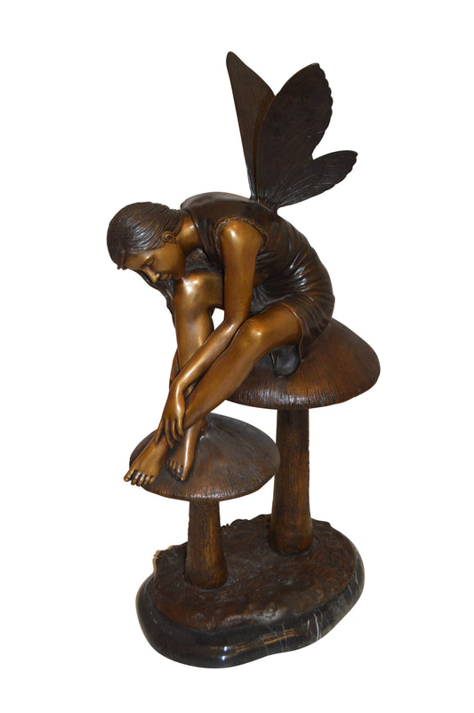 Fairy Sitting On Mushrooms Bronze Statue -  Size: 12"L x 9"W x 24"H.