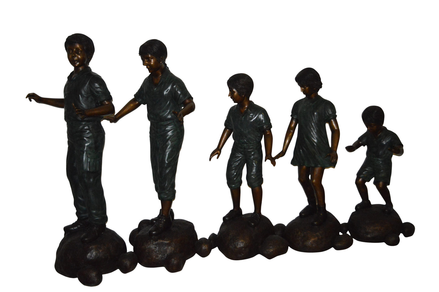 Five Kids Walking on Rocks Bronze Statues - Size: "L x "W x "H.