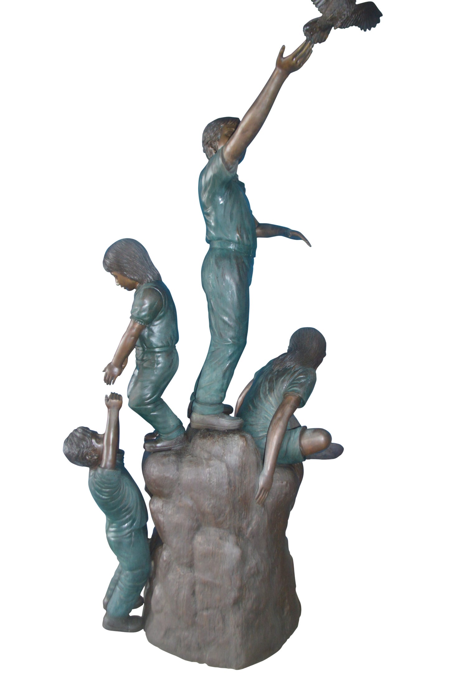 Four Kids Playing on a Rock Bronze Statue -  Size: 49"L x 26"W x 89"H.