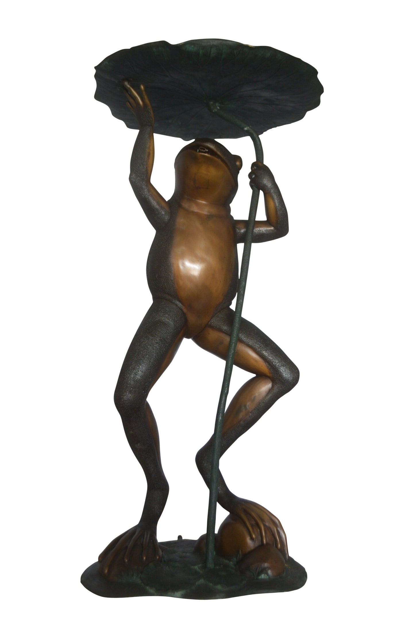 Frog with Umbrella Fountain Bronze Statue -  Size: 22"L x 22"W x 43"H.