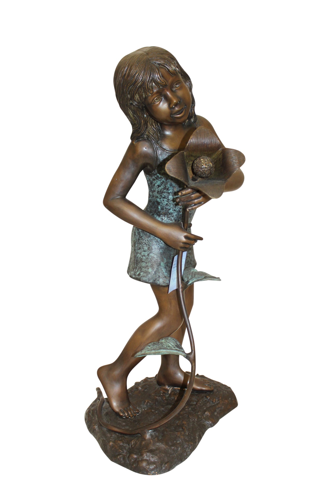 Girl Holding a Flower Fountain Bronze Statue - Size: 15"L x 15"W x 35"H.