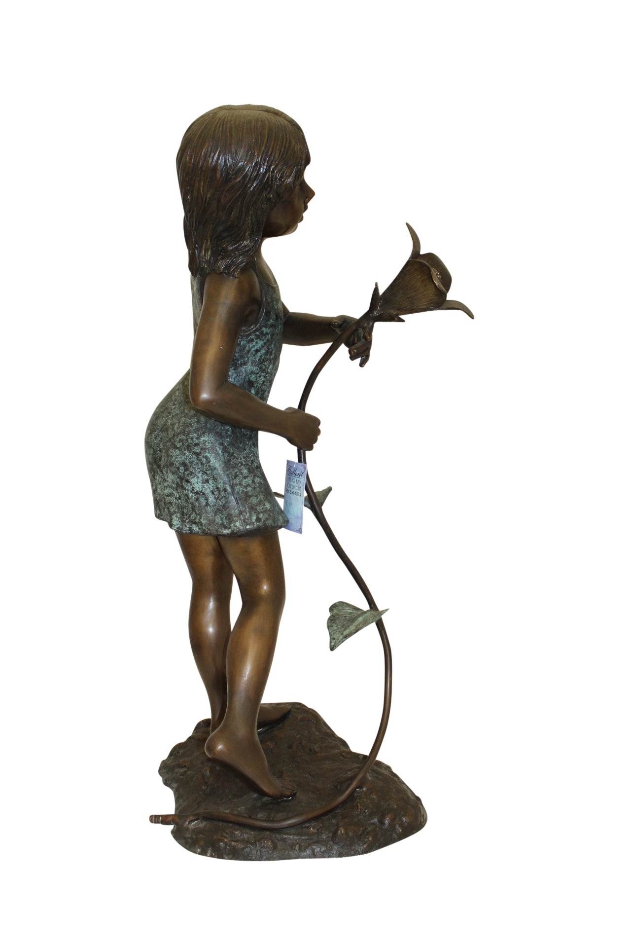 Girl Holding a Flower Fountain Bronze Statue - Size: 15"L x 15"W x 35"H.
