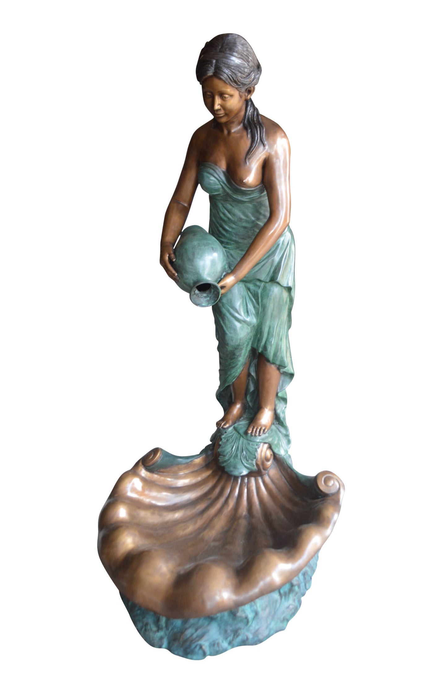 Girl Holding a Pot on Shell Fountain Bronze Statue - Size: 33"L x 30"W x 62"H.