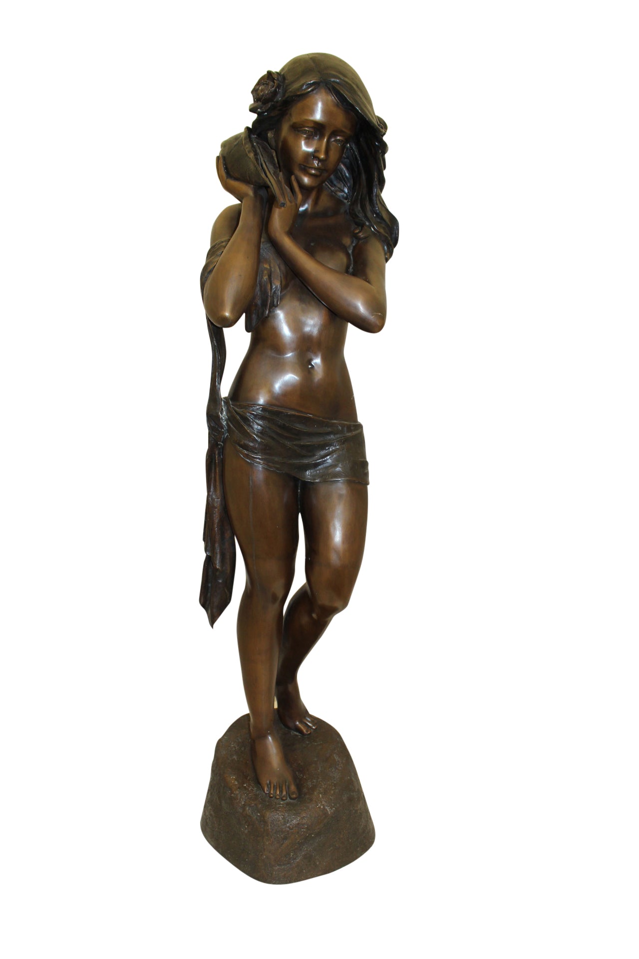 Girl Holding a Sea Shell Bronze Statue - Size: 13"L x 14"W x 57"H.