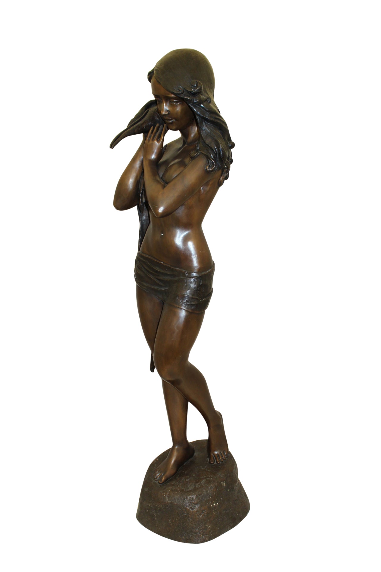 Girl Holding a Sea Shell Bronze Statue - Size: 13"L x 14"W x 57"H.