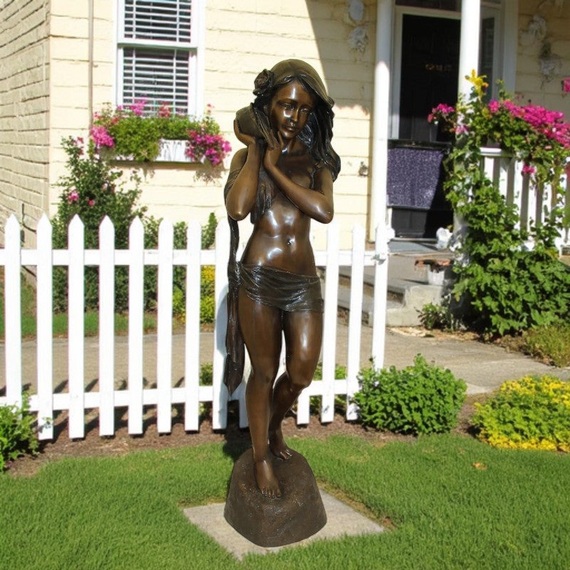 Girl Holding a Sea Shell Bronze Statue - Size: 13"L x 14"W x 57"H.