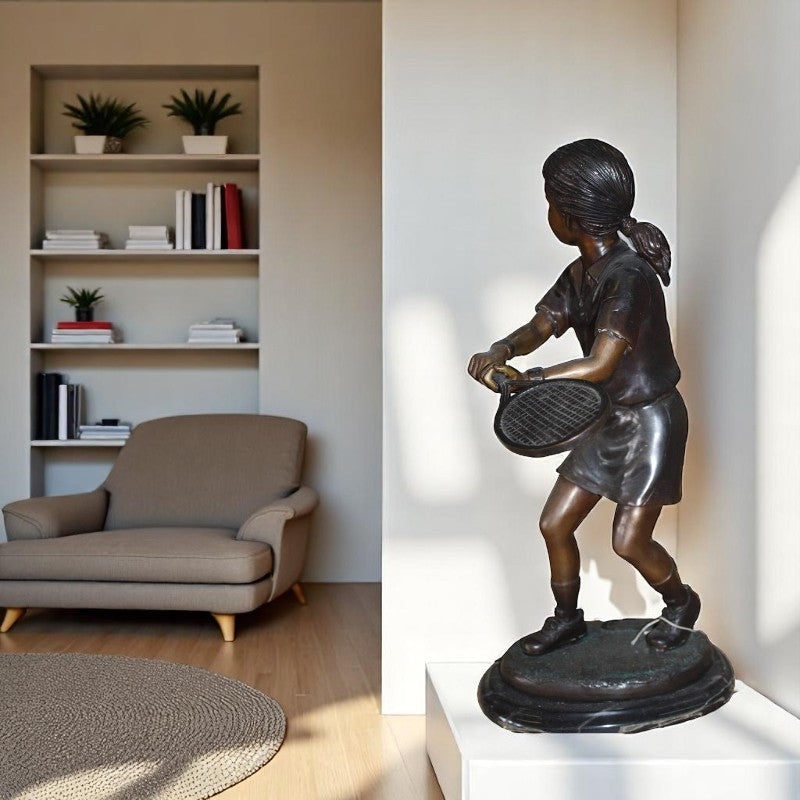 Bronze Girl Playing Tennis Statue