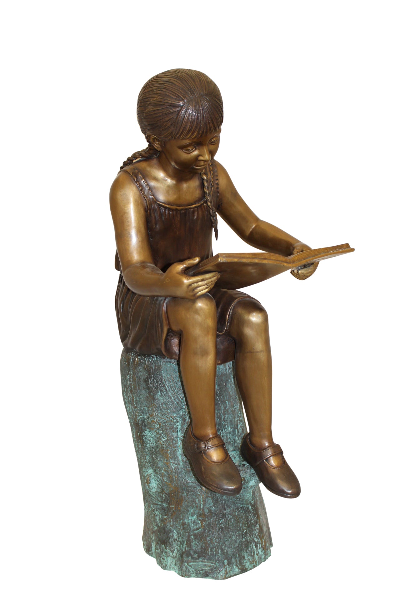 Girl Sitting on a Tree Stump Reading a Book Bronze Statue - 15"L x 17"W x 38"H