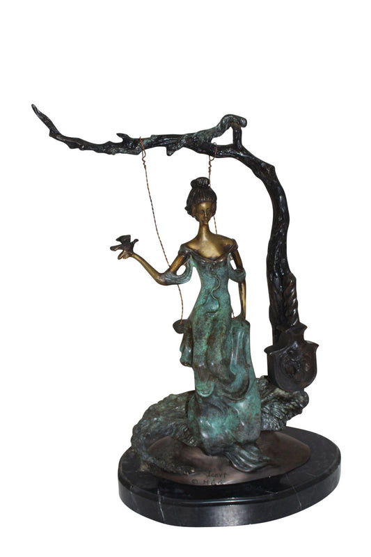 Girl on a swing Bronze Statue -  Size: 15"L x 8"W x 21"H.