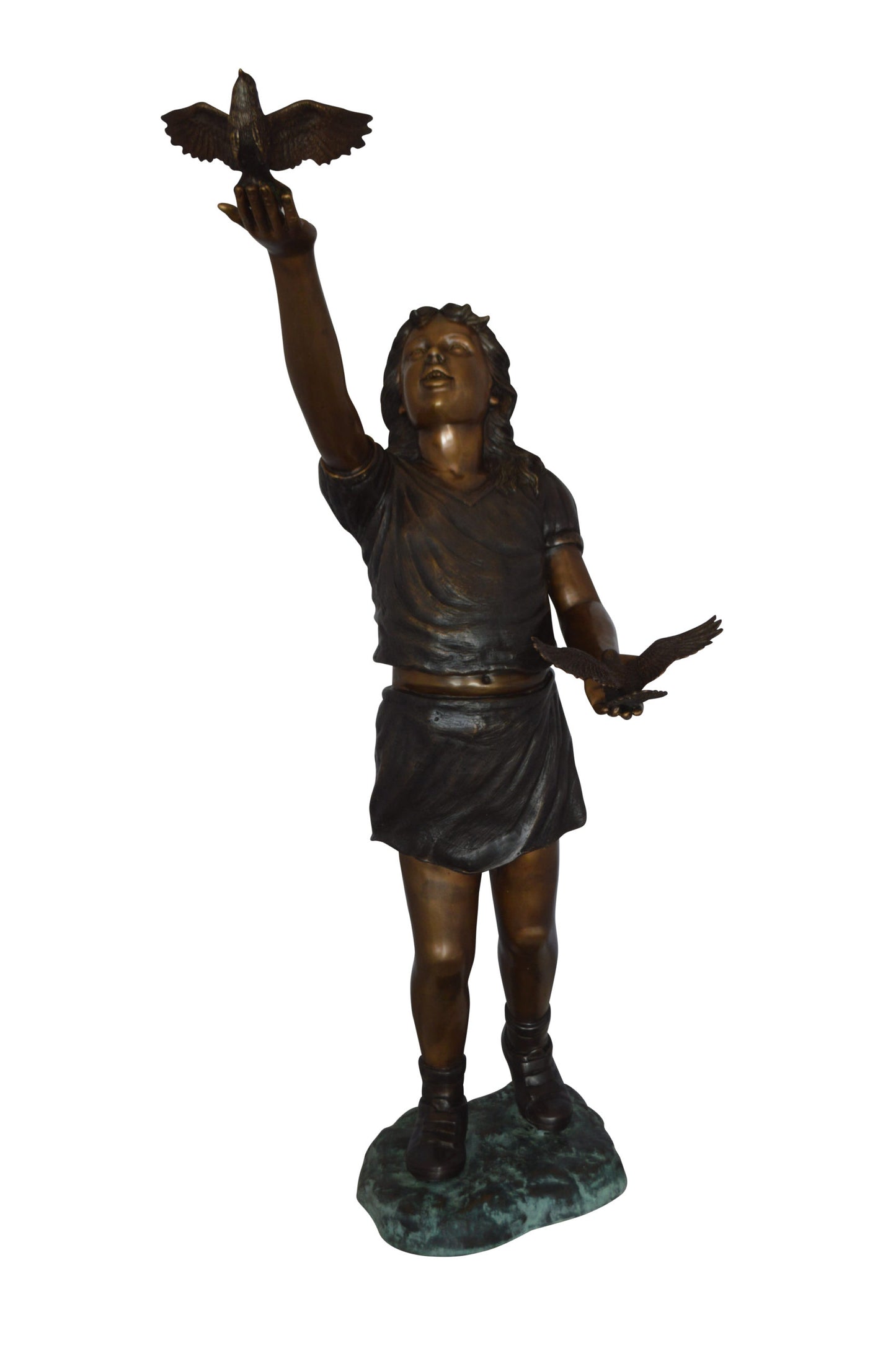 Girl - sandy, with two birds Bronze Statue - Size: 25"L x 20"W x 42"H.