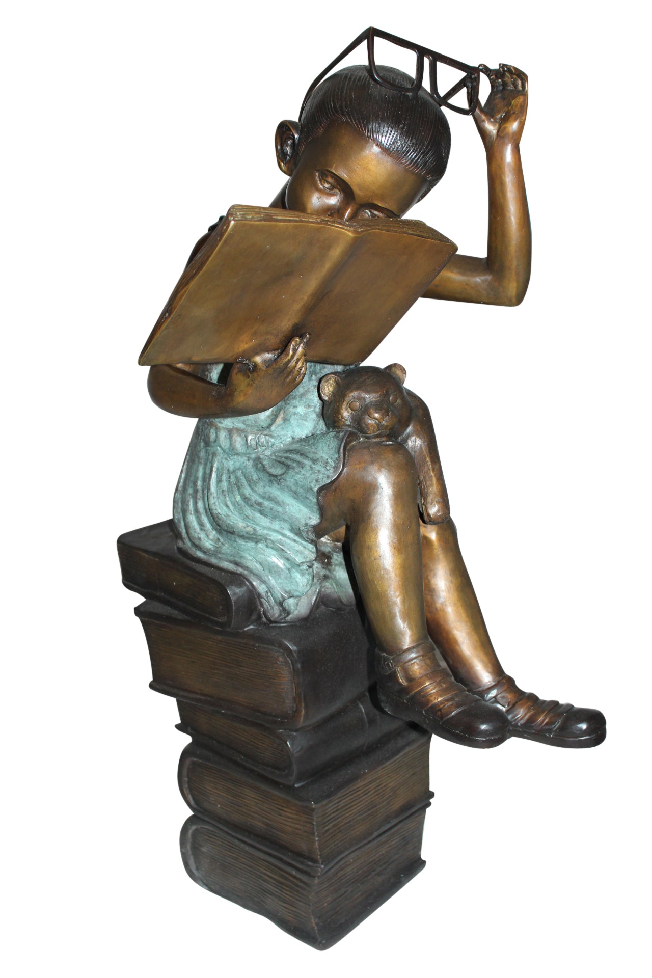 Girl sitting on a stack of books reading a book Bronze Statue - 17"x 18"x 36"H