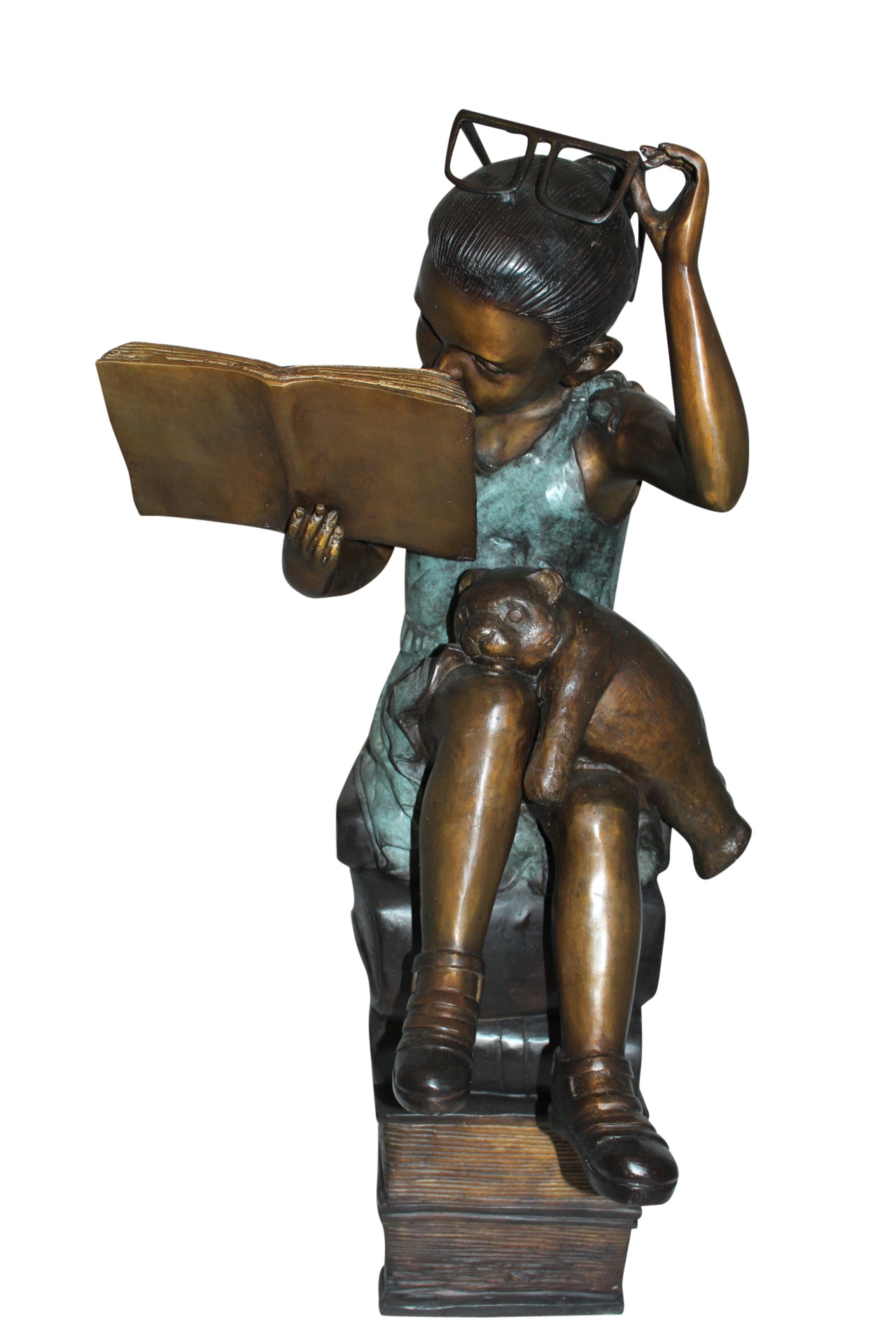 Girl sitting on a stack of books reading a book Bronze Statue - 17"x 18"x 36"H