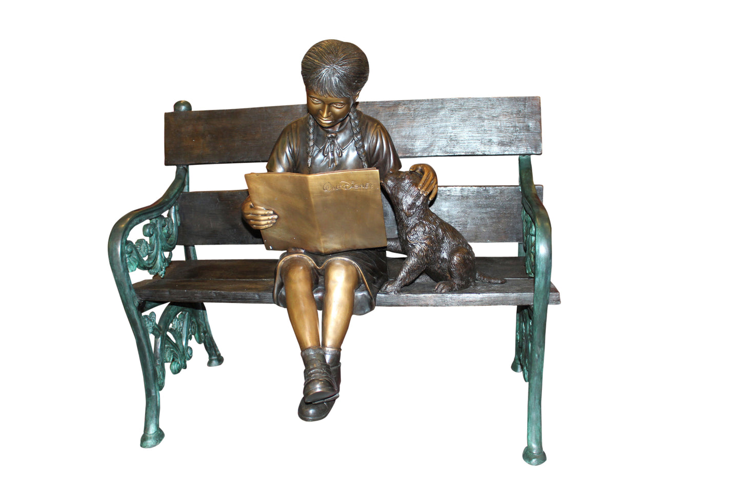 Girl sitting with her dog on a bench, reading Bronze Statue - 27" x 39" x 32"H