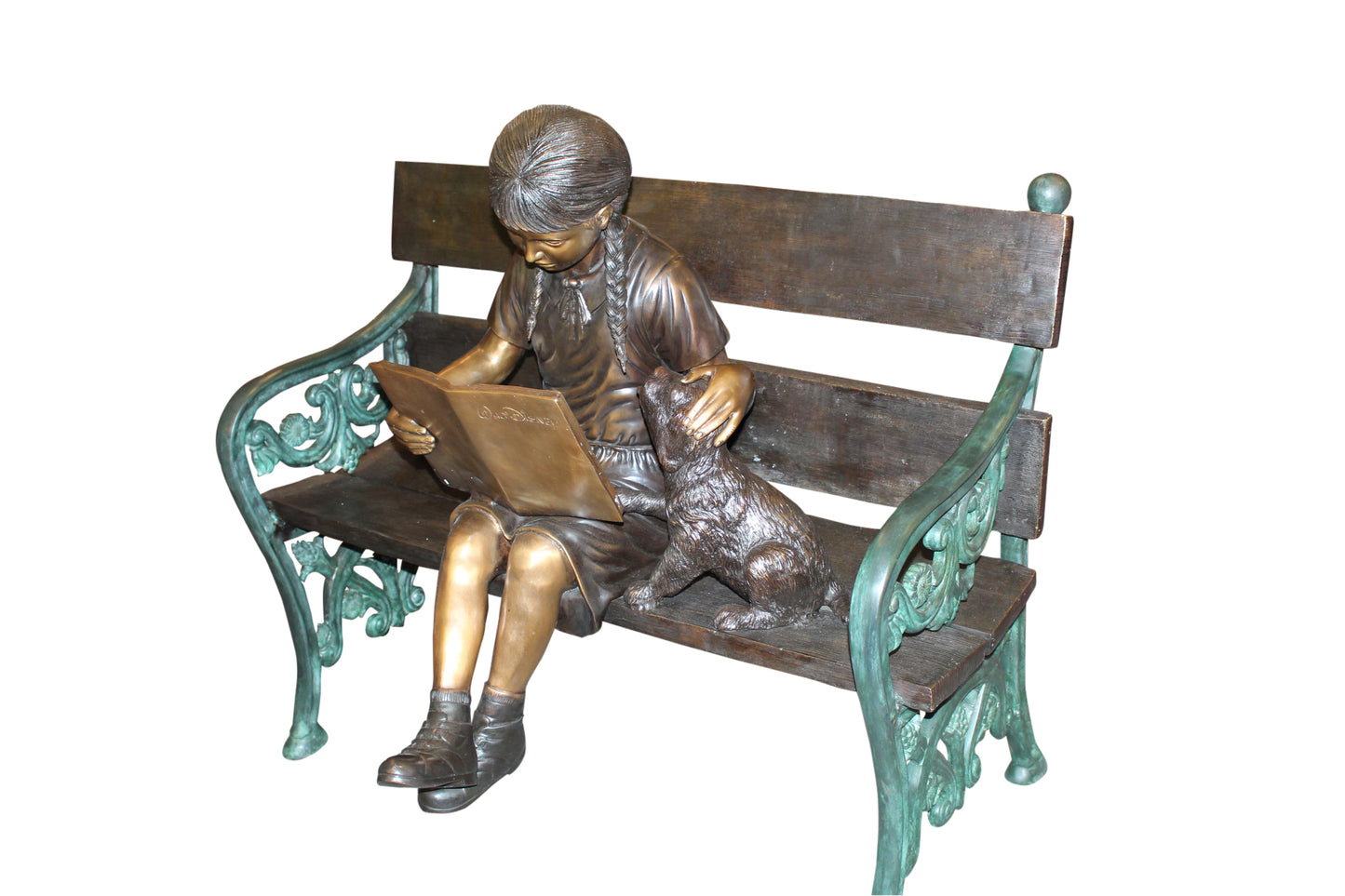 Girl sitting with her dog on a bench, reading Bronze Statue - 27" x 39" x 32"H