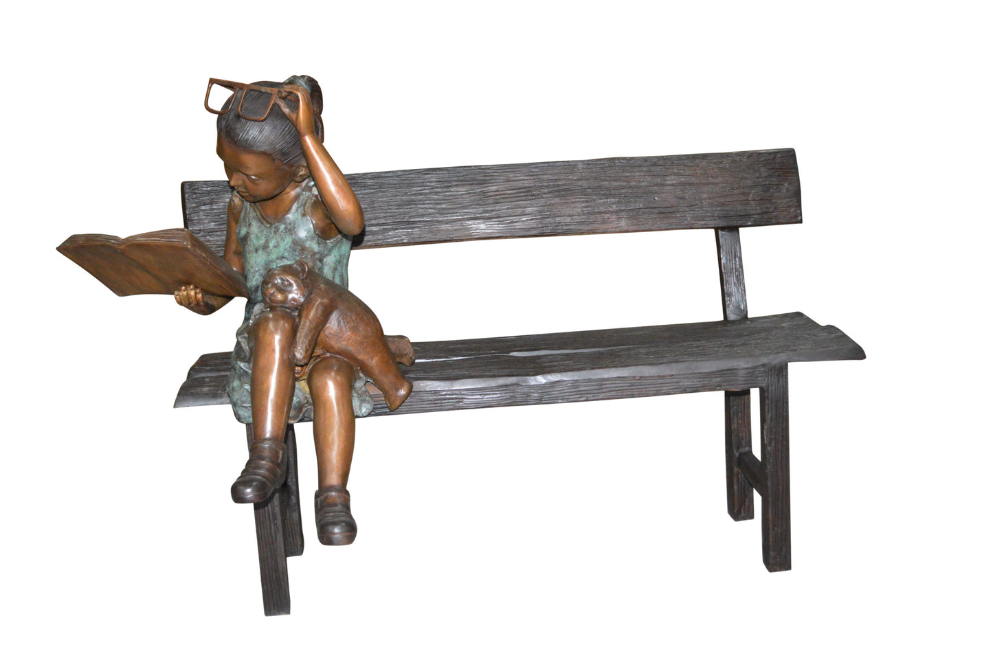Girl with Glasses on Bench Bronze Statue - Size: 43"L x 20"W x 36"H.